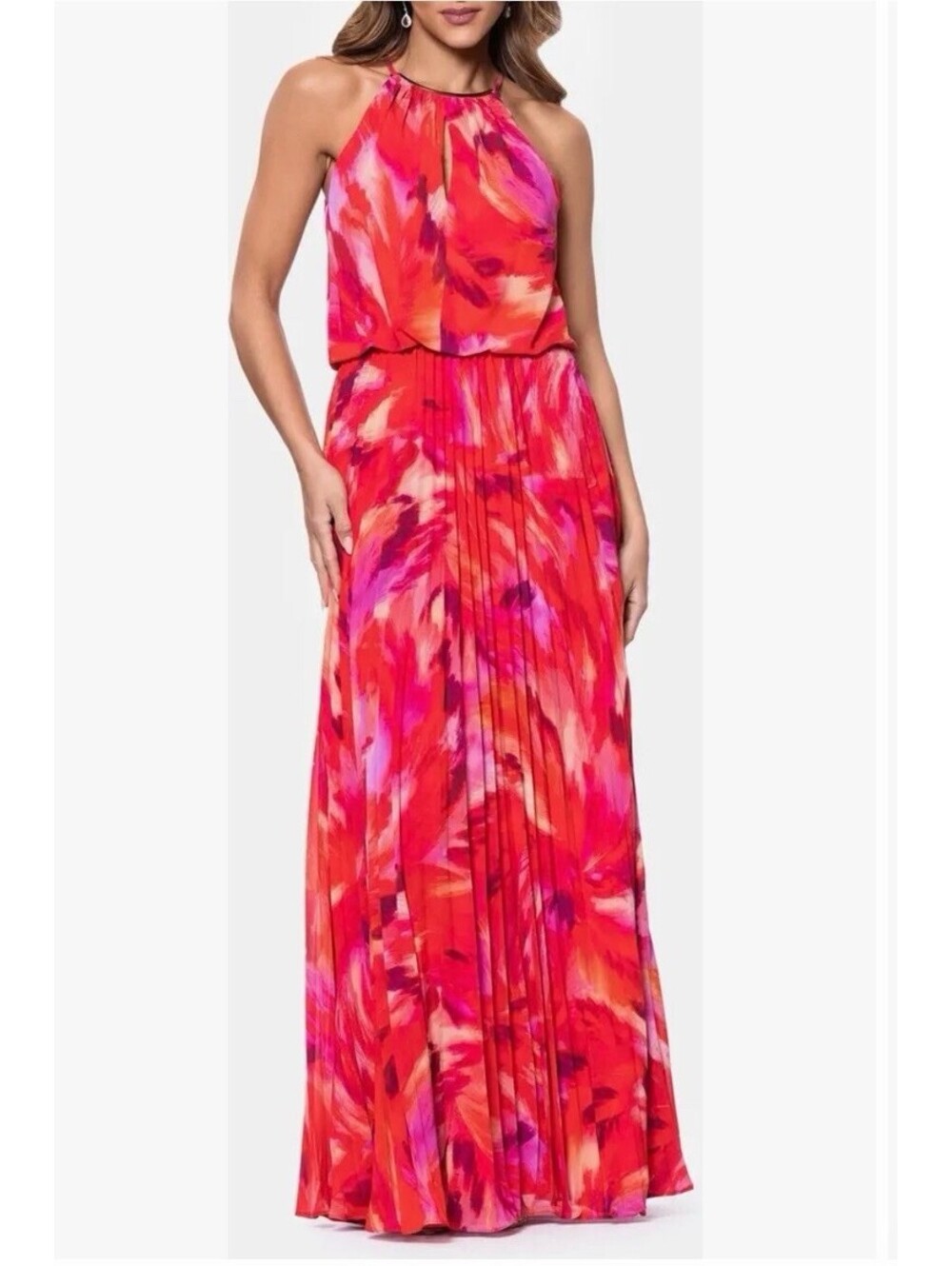 New Xscape Printed Pleated Sleeveless Halter-Neck Gown In Red Pink Sz 8 $269